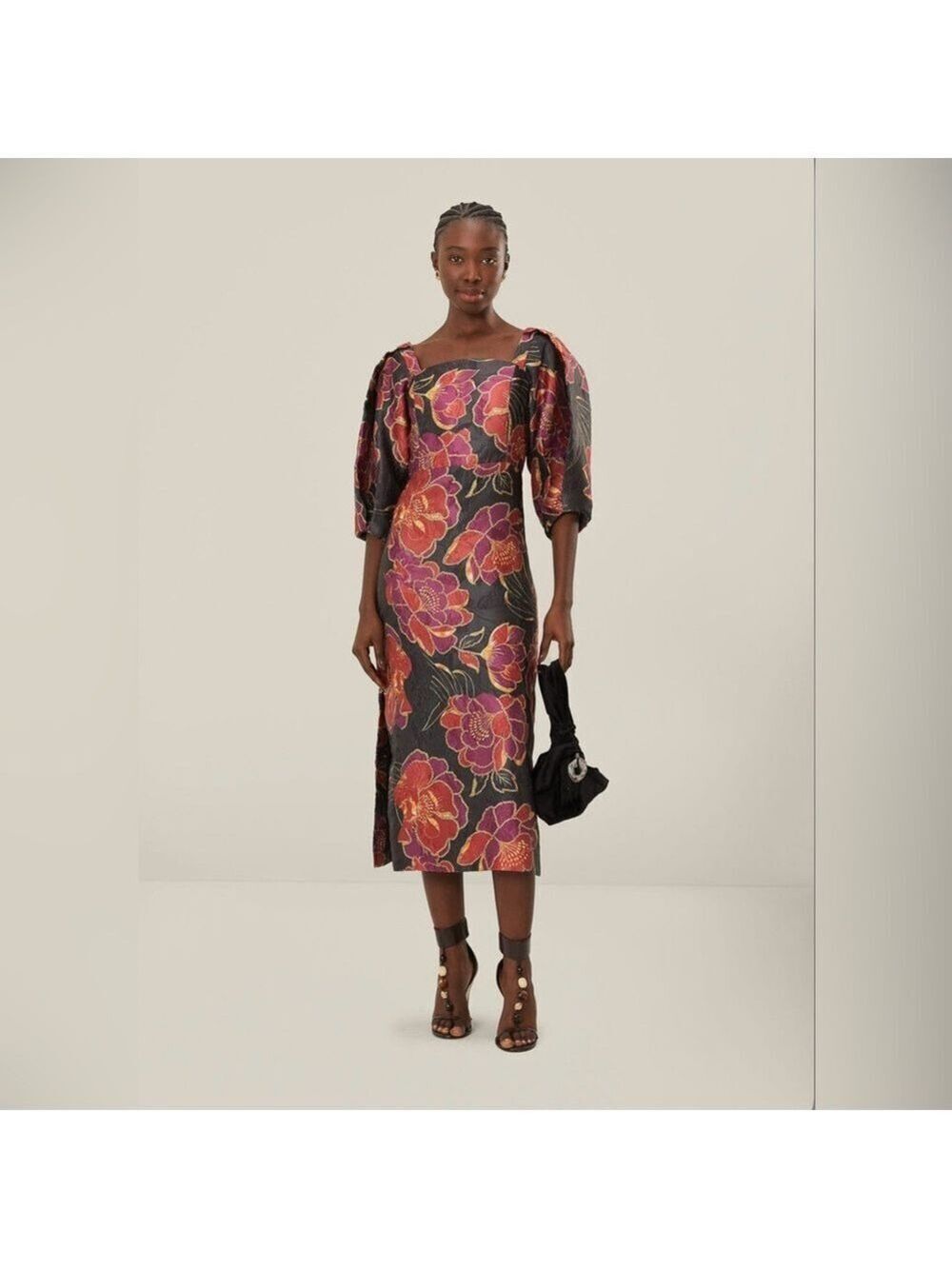 Farm Rio Black Shiny Chita Short Sleeve Midi Dress